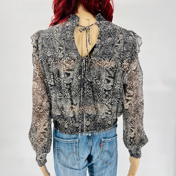Free People Womens Roma Chiffon Top Medium Black Gray Snake Combo Ruffle Smocked - Picture 4 of 12